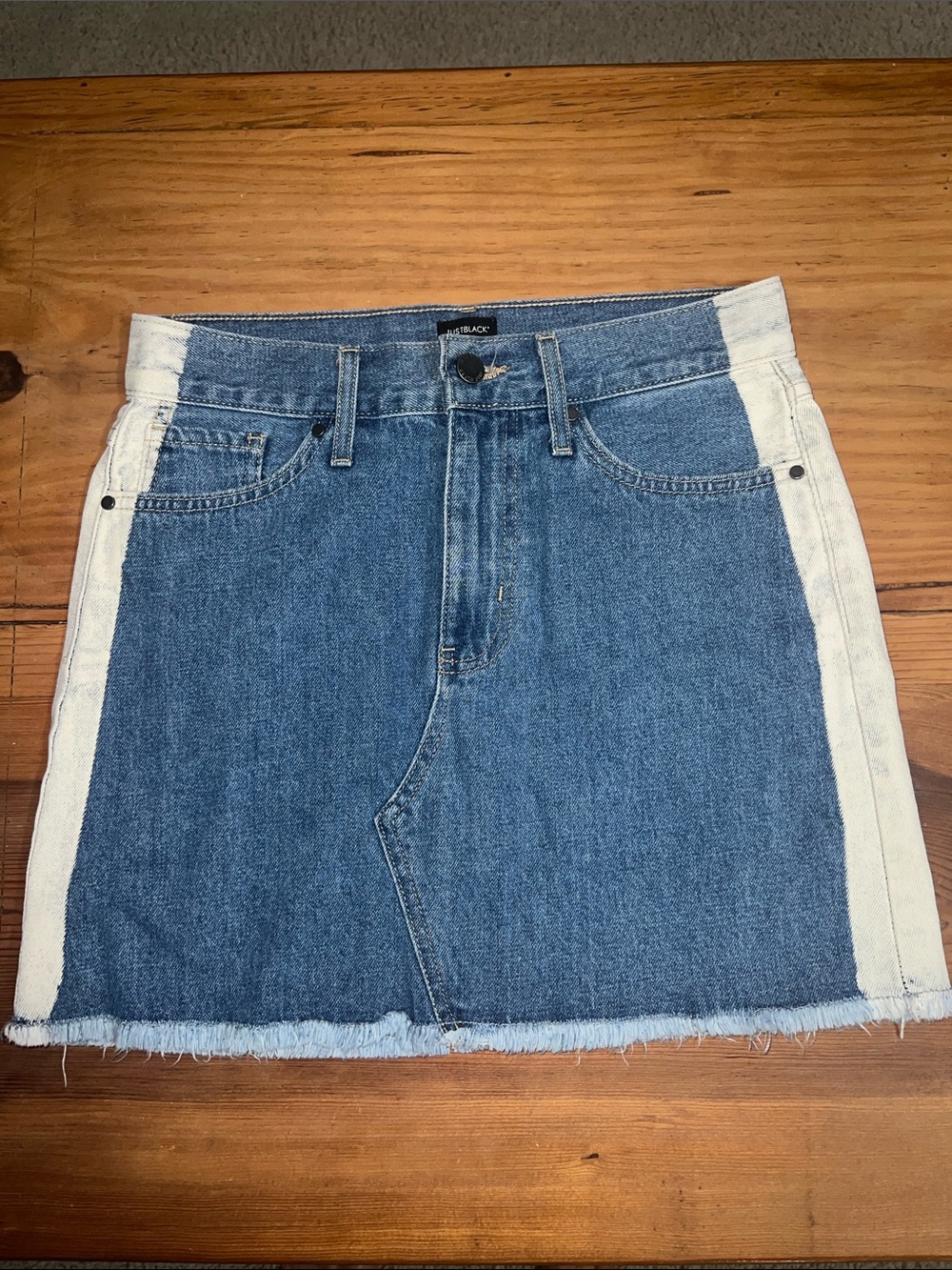 Made in USA Two-Tone Denim Mini Skirt in Blue and Cream